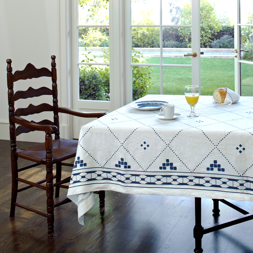 Anfa Blue and White Rectangular Linen Tablecloth