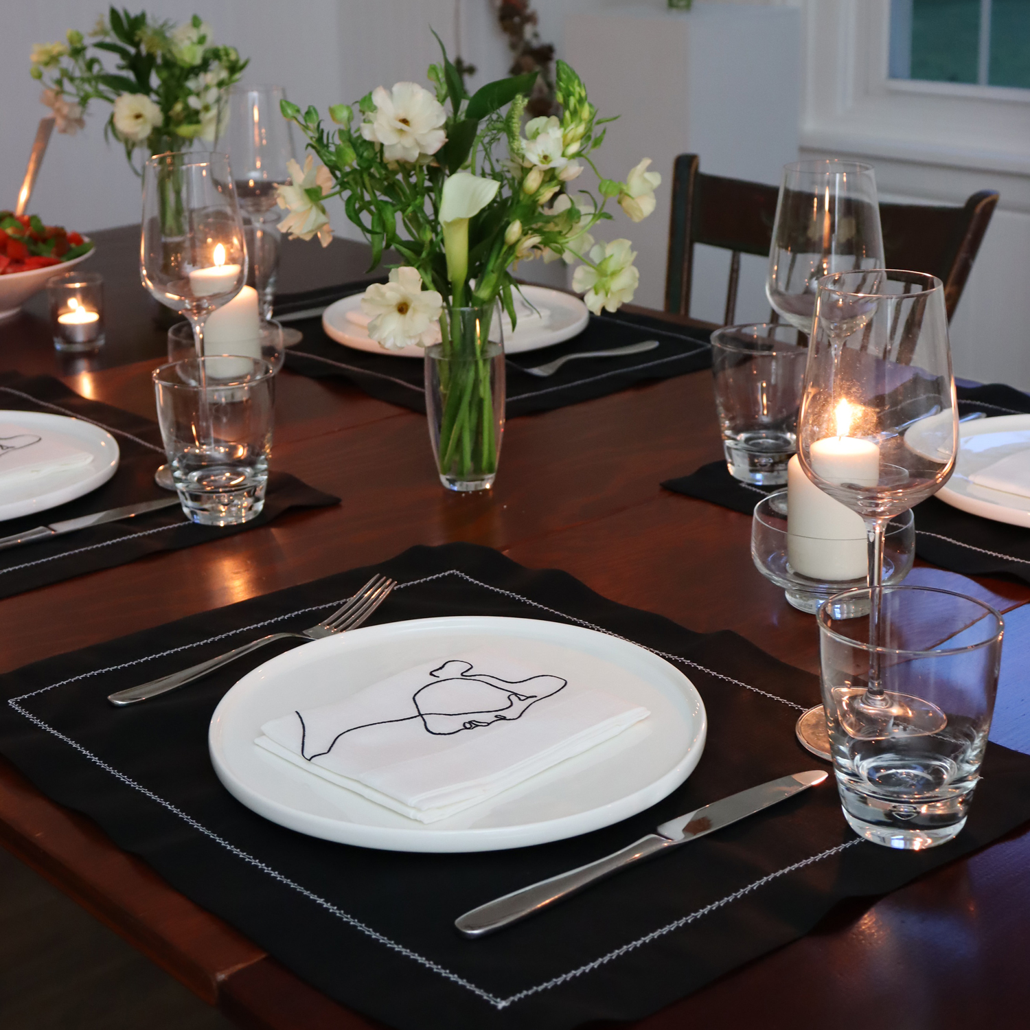 Black Linen Placemat with White Hemstitch