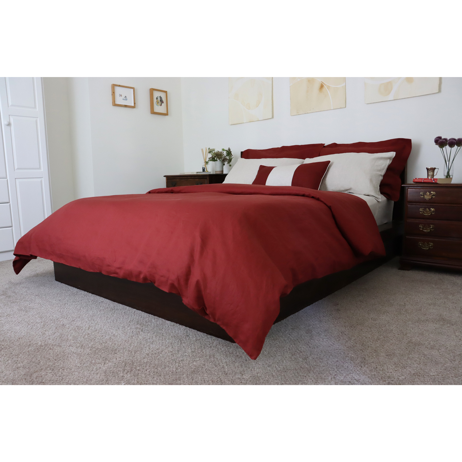 Burgundy Red & Natural Linen Pillow 