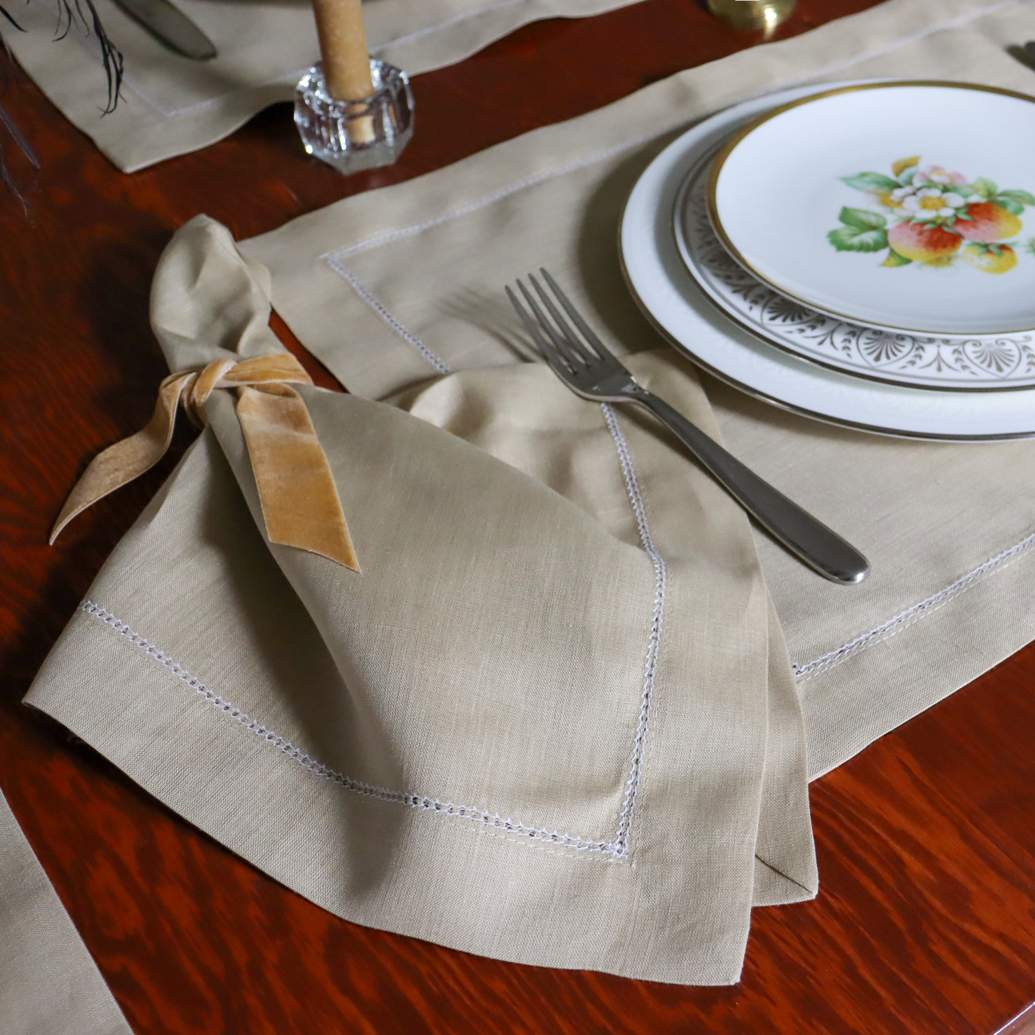 Camel Linen Placemat with White Contrast Hemstitch