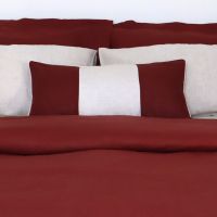 Burgundy red and natural flax linen decorative pillow 