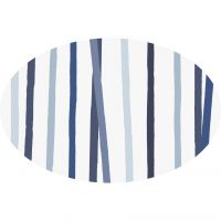 Huddleson Cinta Blue and White Oval Tablecloth. Stripes in seven shades of blue on white linen.