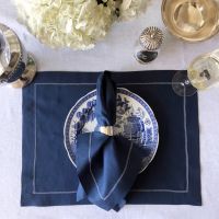 Navy Blue Linen Placemat with Ivory Contrast Hemstitch