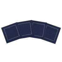 Navy Blue Linen Cocktail Napkins with Ivory Contrast Hemstitch