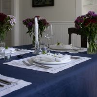 White Linen Placemat with Navy Blue Contrast Hemstitch