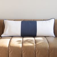 White navy blue linen pillow cover piped trim