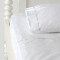Huddleson white 500 thread count long-staple cotton percale sheet set with sage green hemstitch trim