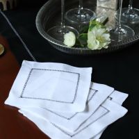 White Linen Cocktail Napkin with Black Contrast Hemstitch