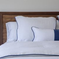 White Linen Pillow Sham Navy Blue Piping Edging
