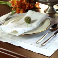 White Linen Table Runner with Gold Contrast Hemstitch