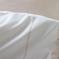 Huddleson white 500 thread count cotton percale sheet set with pink hemstitch