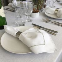 White Linen Napkin with Sage Green Contrast Hemstitch