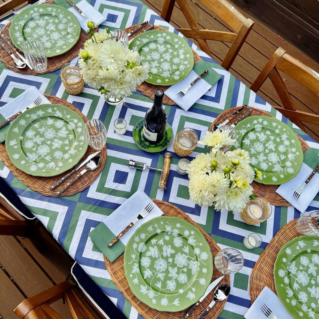 Maze Green Blue Geometric Square Linen Tablecloth