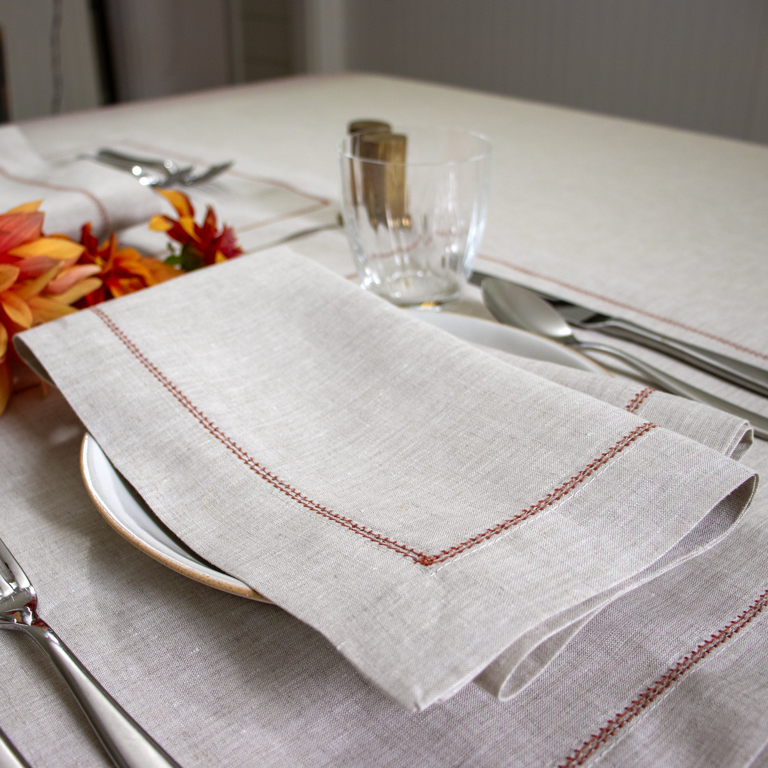 Natural Napkin with Sienna Contrast Hemstitch