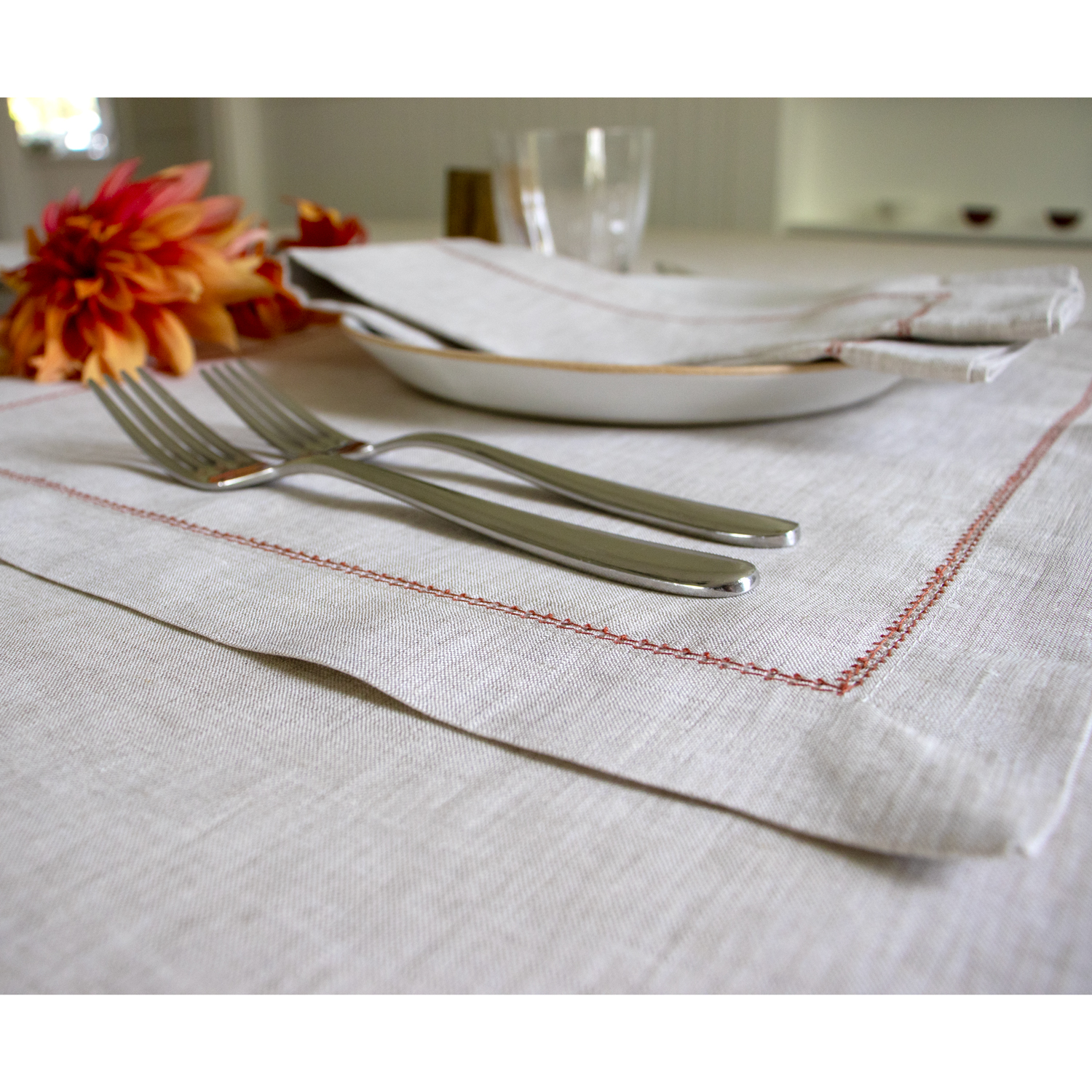 Natural Linen Placemat with Sienna Contrast Hemstitch