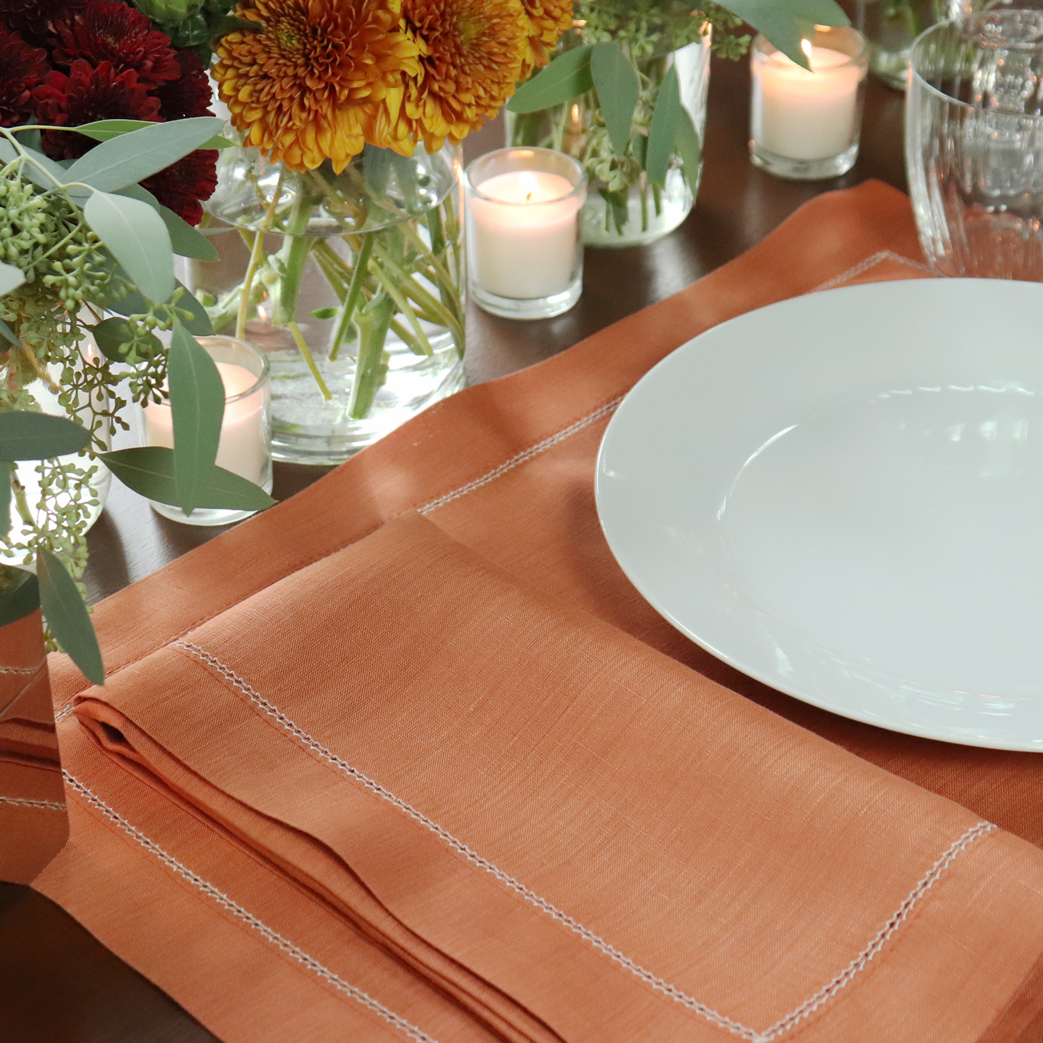 Sienna Orange Linen Placemat with Ivory Hemstitch