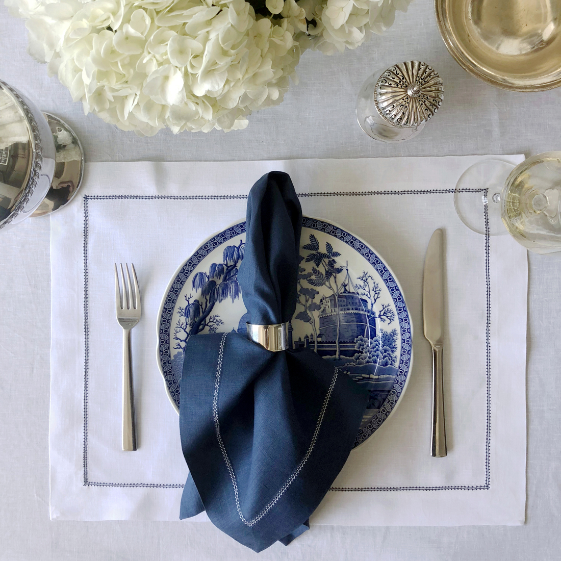 White Linen Placemat with Navy Blue Contrast Hemstitch