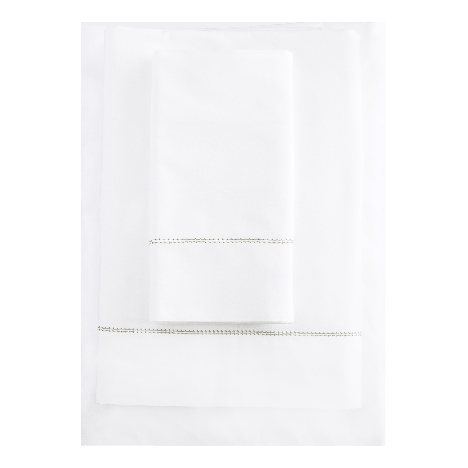 White 500TC Cotton Percale Pillowcase (Pair) - Green Hemstitch
