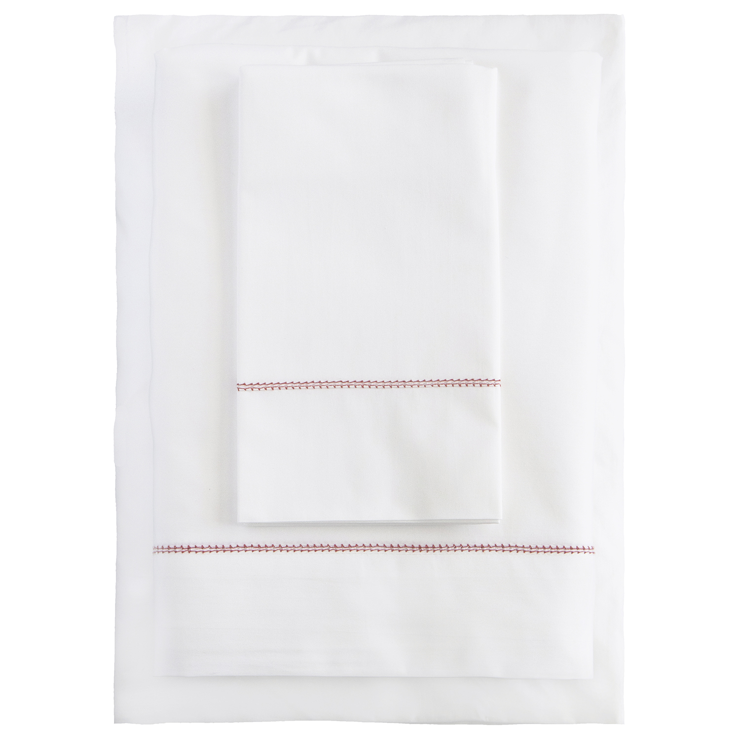 White 500TC Cotton Percale Sheet Set - Red Hemstitch