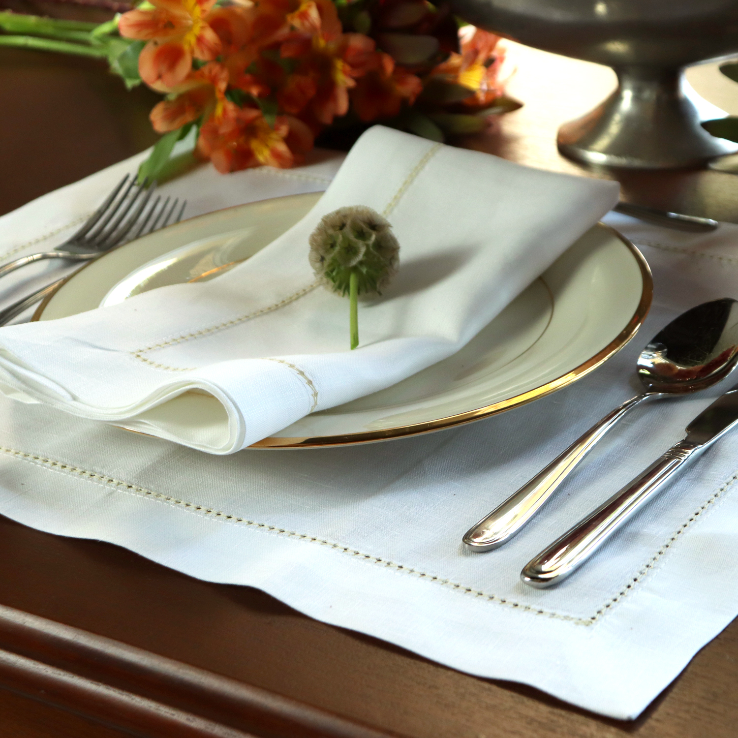 White Linen Placemat with Gold Contrast Hemstitch