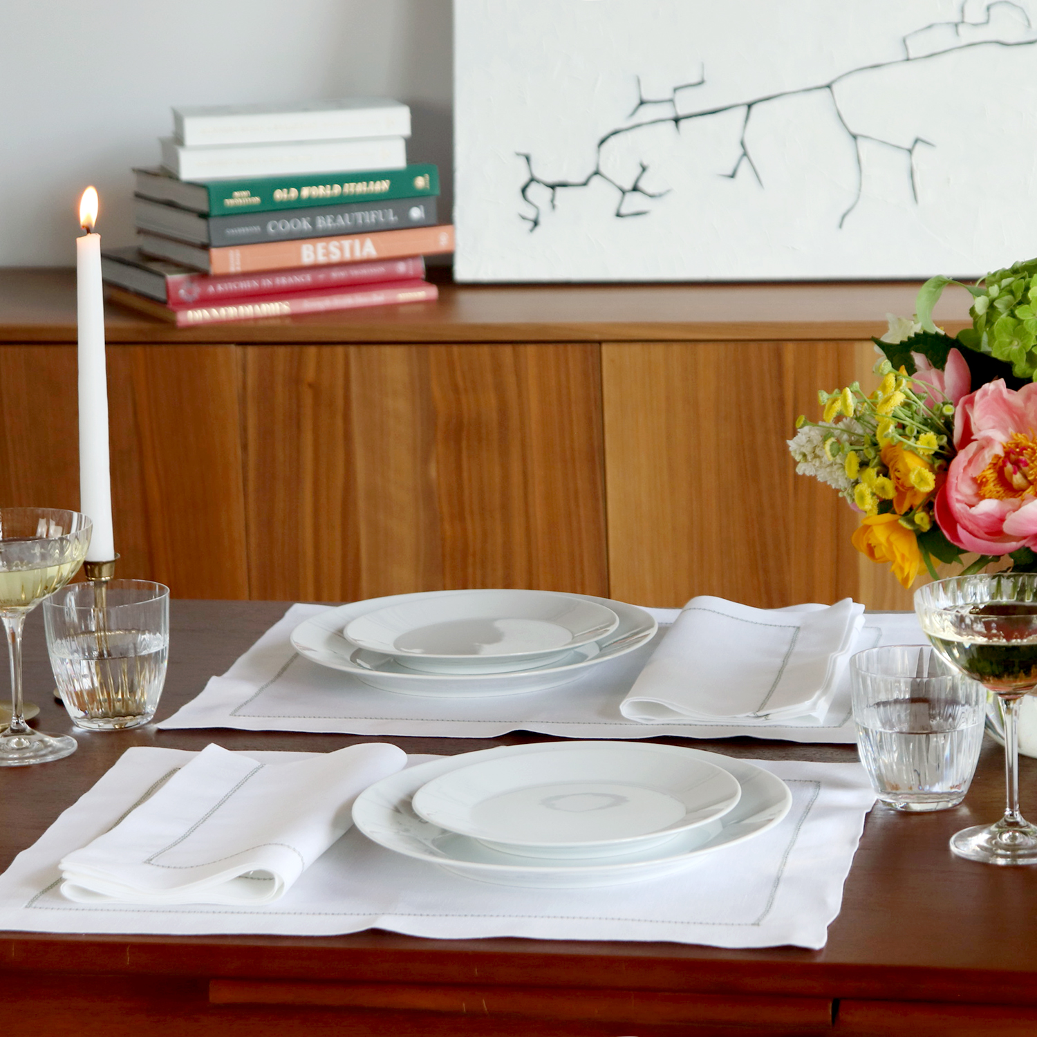 White Linen Placemat with Sage Green Contrast Hemstitch