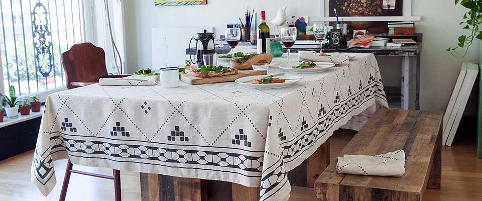 Anfa Printed Natural Linen Tablecloth