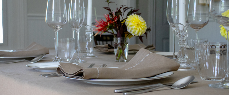 Coffee Brown Linen Tablecloth & Hemstitched Napkin