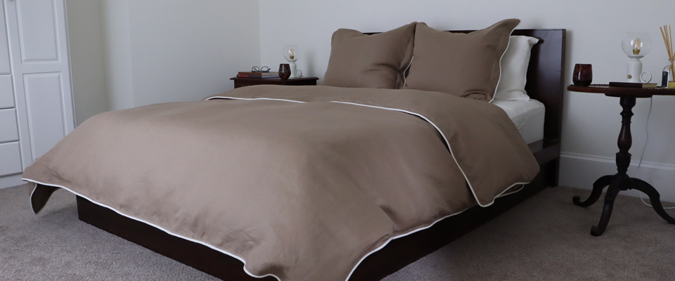 Coffee Brown Linen Duvet Cover & Shams with Piping